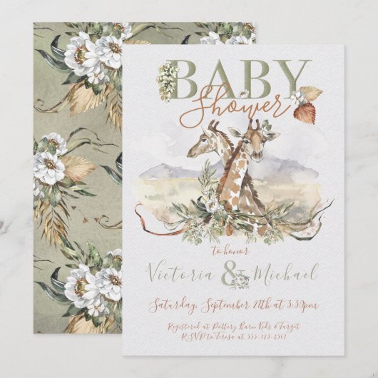 Tropical Jungle Giraffe Bébé invitations douche (Devant / Derrière)