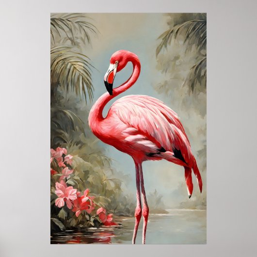 Tropical Lake Side Roze Flamingo  Poster (Voorkant)