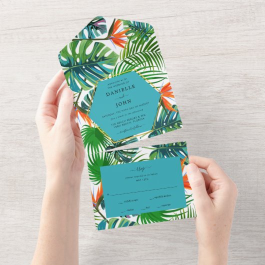 Tropical Leaf Bird of Paradise Beach Wedding RSVP All In One Uitnodiging (Afscheurbaar)