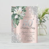 Tropical Leaf Magnolia Drips Roos Gold 50th Kaart (Staand voorkant)