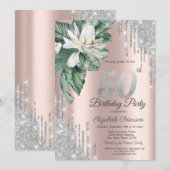 Tropical Leaf Magnolia Drips Roos Gold 50th Kaart (Voorkant / Achterkant)