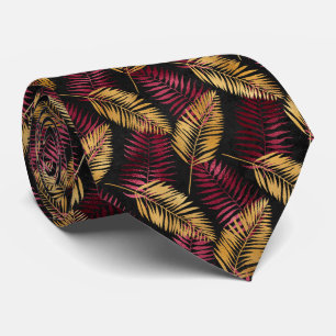 Tropical leaf pattern gold burgundy neck tie stropdas