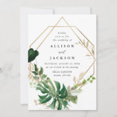 Tropical Leaves Goud Geometrisch Lijst Bruiloft Kaart (Voorkant)