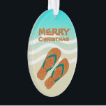 Tropical Merry Christmas Beach Vagues Flip Flops<br><div class="desc">Cet ornement de Noël tropical orange,  bleu,  blanc et sable fait un grand ajout à un arbre de vacances tropical.</div>