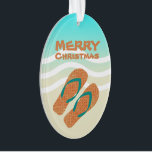 Tropical Merry Christmas Beach Vagues Flip Flops<br><div class="desc">Cet ornement de Noël tropical orange,  bleu,  blanc et sable fait un grand ajout à un arbre de vacances tropical.</div>