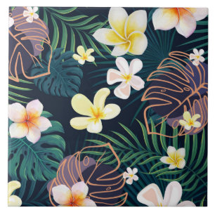 Tropical monstera bladeren plumeria bloblobloblobl tegeltje