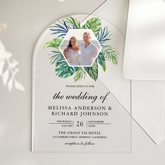 Tropical Monstera Palm Leaves Photo Wedding Acryl Uitnodigingen