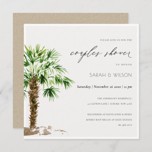 Tropical Palm Aquarelle Couples Invitation douche (Devant / Derrière)