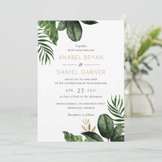 Tropical Palm Feuille Moderne Faire-part de mariag (Debout devant)