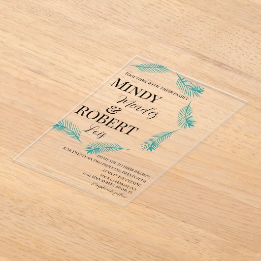 Tropical Palm Leaf Blauwgroen bruiloft uitnodiging Acryl Uitnodigingen (Laagn)