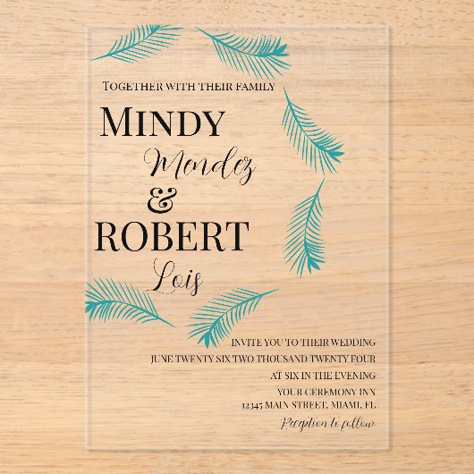 Tropical Palm Leaf Blauwgroen bruiloft uitnodiging Acryl Uitnodigingen (Voorkant)