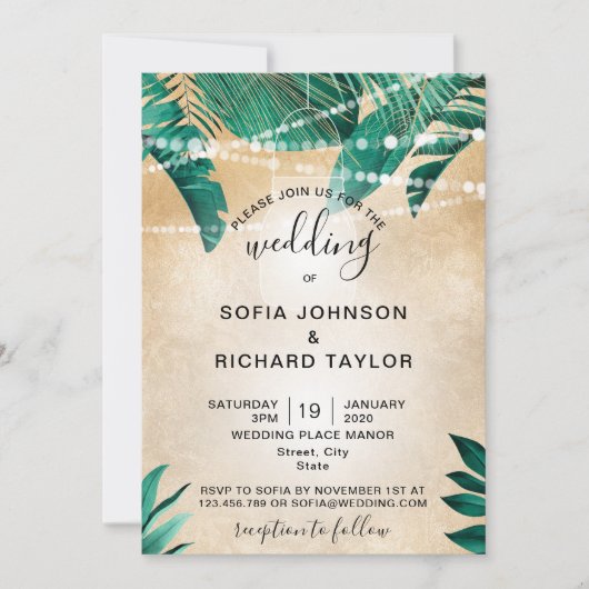 Tropical Palm Leaves Light Jar Invitation dorée (Devant)