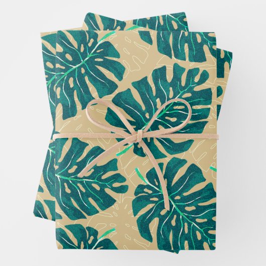 Tropical Palm Teal Beige Inpakpapier Vel (In situ)