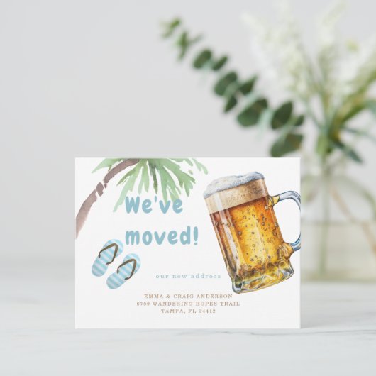 Tropical Palm Tree Beer Mok We hebben verhuisd Briefkaart (Staand voorkant)