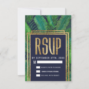 Tropical Palm Tree Greenery Gold Navy Blue RSVP