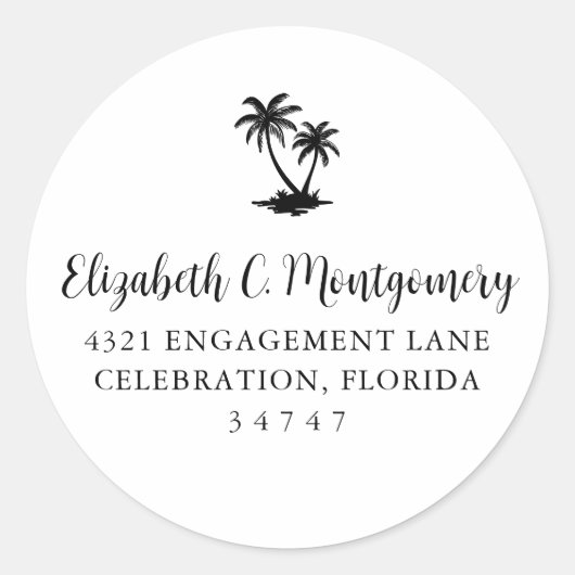 Tropical Palm Tree Home Address Ronde Sticker (Voorkant)