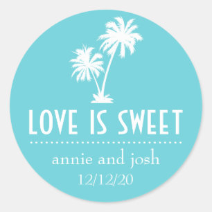 Tropical Palm Tree Love Is Sweet Étiquette (Turquo