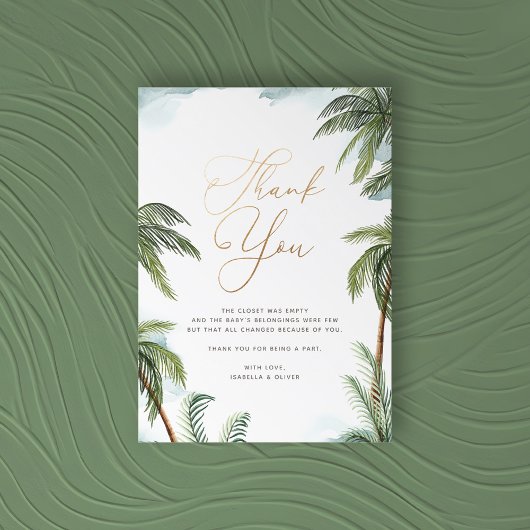 Tropical Palm Trees Aloha Baby shower Gold Script Bedankkaart