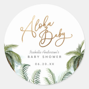 Tropical Palm Trees Gold Script Aloha Baby shower Ronde Sticker