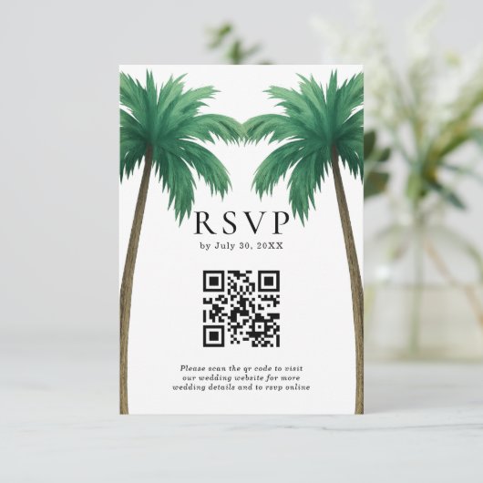 Tropical Palm Trees Minimal Beach Wedding QR Code RSVP Kaartje (Staand voorkant)