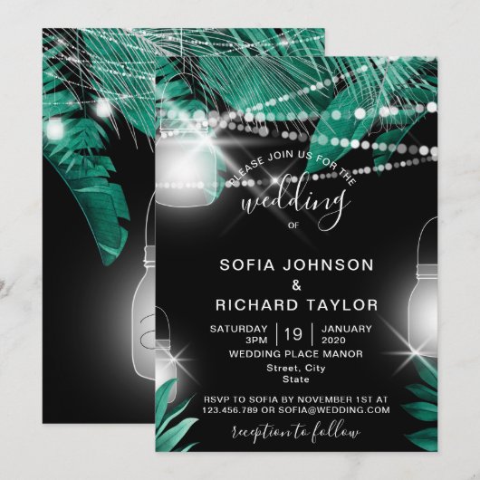 Tropical Palmiers Lumière Jar Invitation noire (Devant / Derrière)