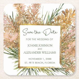 Tropical Pampas Grass Wedding Save the Date Vierkante Kartonnen Onderzetter