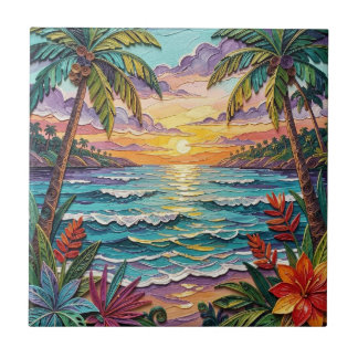 Tropical Paradise | Coastal Beach Scene Impasto Tegeltje
