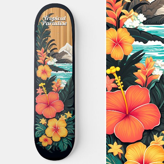 Tropical Paradise Zee Beach & Flowers Art Skateboard