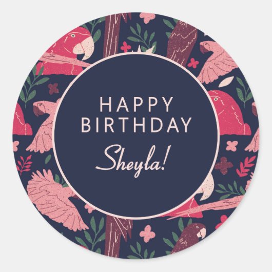 Tropical Parrot Happy Birthday Sheyla Custom Ronde Sticker (Voorkant)
