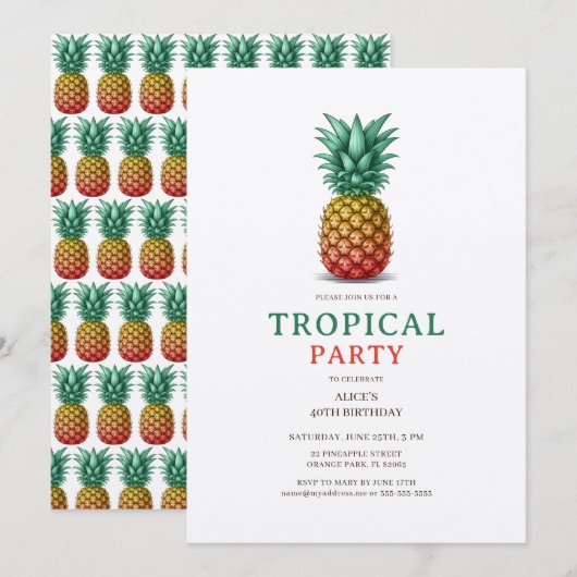 Tropical Party with retro pineapple Invitation Kaart (Voorkant / Achterkant)