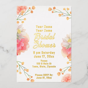 Tropical Peach Flowers Gold Foil Vrijgezellenfeest Folie Uitnodiging