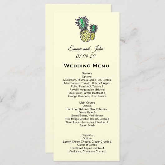 Tropical Pineapple Chic Mariage personnalisé Menu (Devant / Derrière)