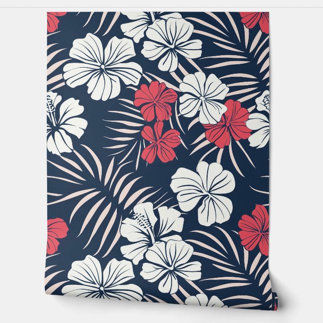 Tropical Pink and Navy Floral Behang (Afrollen)