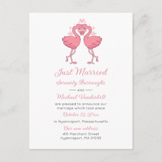 Tropical Pink Flamingo Beach Hawaiian Just Married Aankondigingskaart (Voorkant)