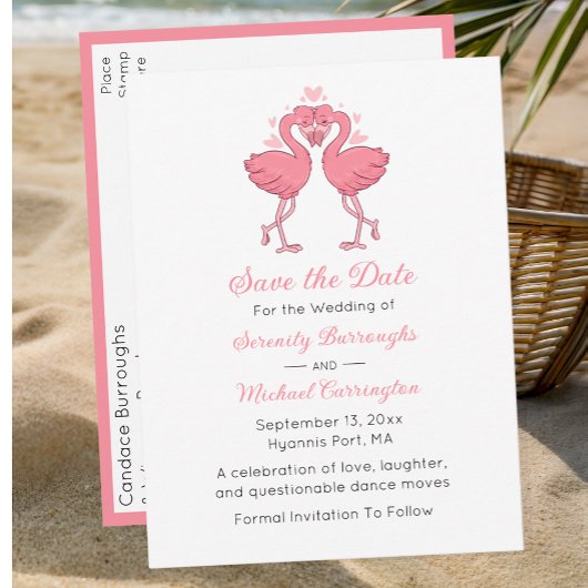 Tropical Pink Flamingo Beach Wedding Save the Date Briefkaart