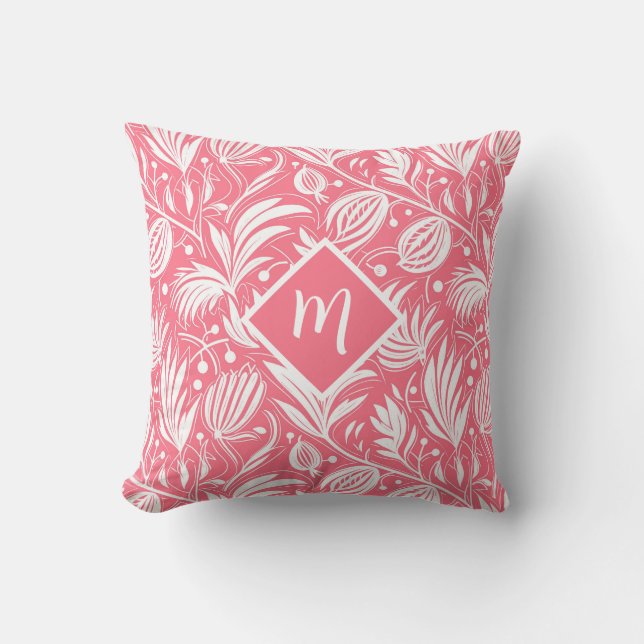 Tropical Pink Floral Pattern Diamond Monogram Kussen (Voorkant)