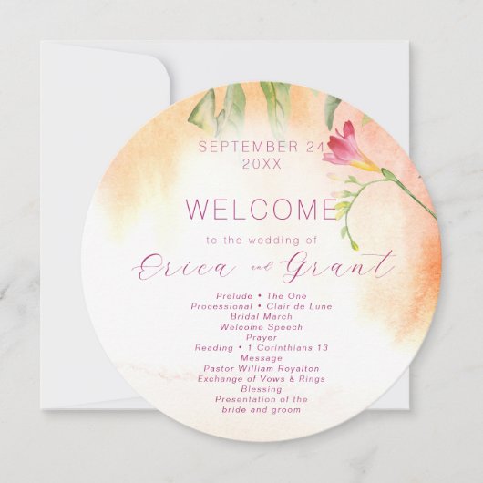 Tropical Pink Freesia Watercolor Wedding Programme (Devant)
