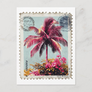 Tropical Pink Palm Postage Stamp Vintage Beach T‑S Briefkaart