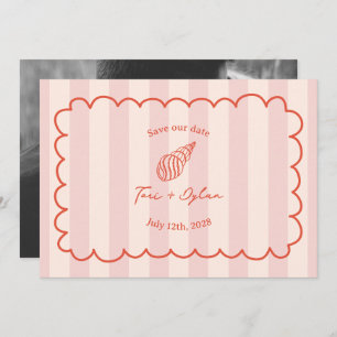 Tropical Pink Stripe Seashell Sla de datumfoto op Save The Date