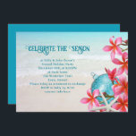 Tropical Plumeria Beach Invitations de Fêtes<br><div class="desc">Envoyer des invitations avec un thème de plage tropicale pour une fête de vacances. Des fleurs de plumeria rose, une étoile de mer et un ornement turquoise de ballon bleu ornent le bord sur un arrière - plan de sable de plage. "Célébrez la saison" est le texte en haut, qui...</div>