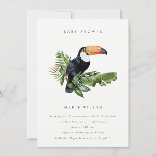 Tropical Rainforest Baby shower Toucan Invitation (Devant)