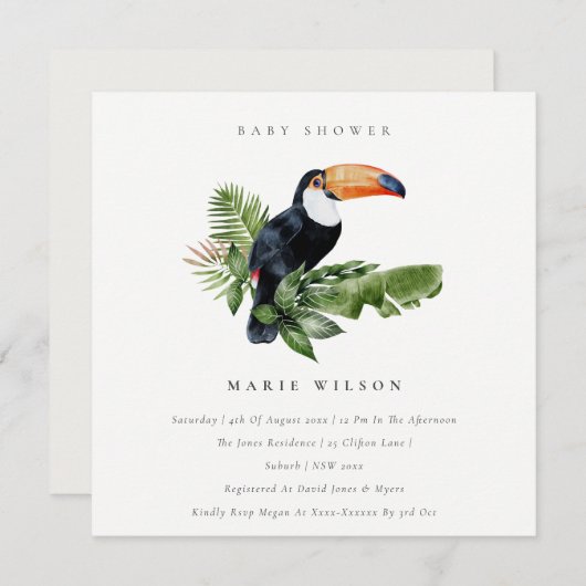 Tropical Rainforest Baby shower Toucan Invitation (Devant / Derrière)