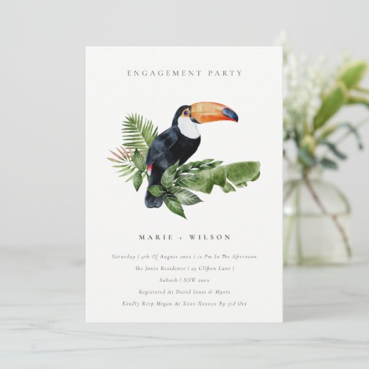 Tropical Rainforest Fiançailles Toucan Invitation (Debout devant)