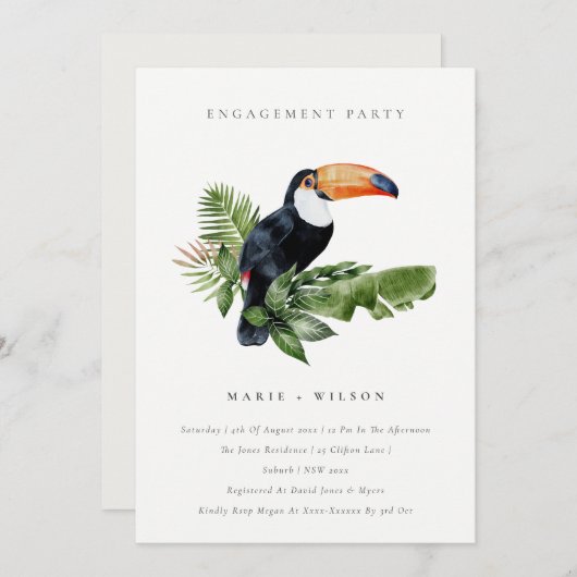 Tropical Rainforest Fiançailles Toucan Invitation (Devant / Derrière)