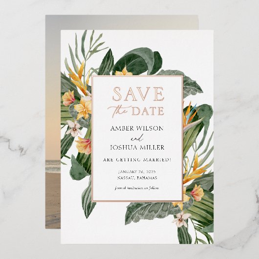Tropical Save the Date avec Photo Foil Invitation (Recto/Verso)