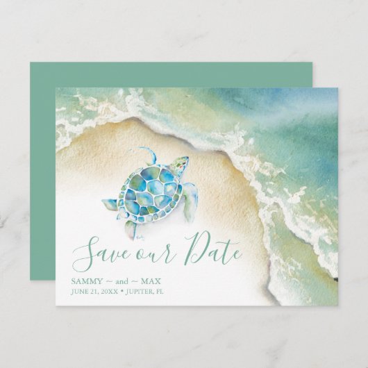 Tropical Save the Date avec Tortue de Mer à l'aqua (Devant / Derrière)