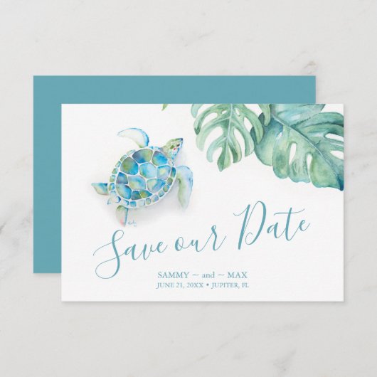 Tropical Save the Date Watercolor Sea Turtle (Devant / Derrière)