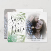 Tropical Script Green Wedding Sla de datum op Aankondigingskaart (Voorkant / Achterkant)