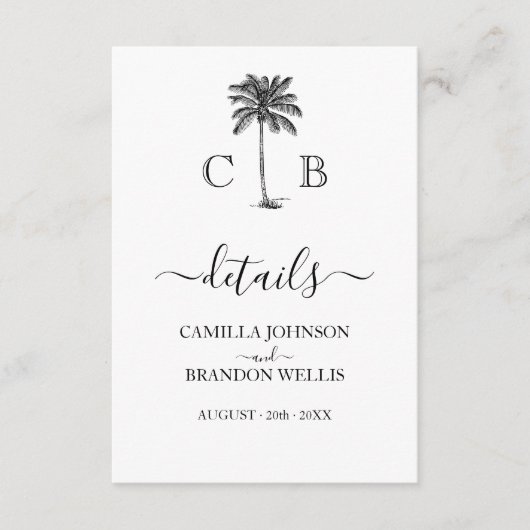 Tropical Simple Palm Monograms Wedding Informatiekaartje (Voorkant)