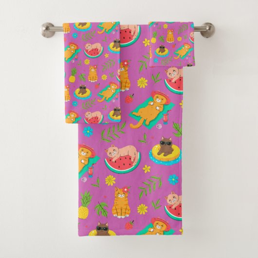 Tropical Summer Cats Bath Towel Set (En situation)